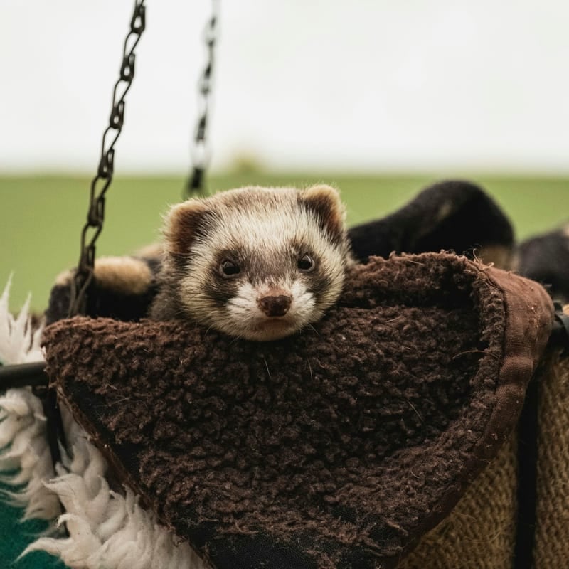Furet domestique sable au masque facial caractéristique dans un hamac de cage, mustélidé légal en France